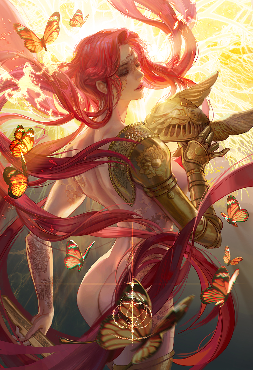 1girl amputee ass breasts bug butterfly closed_mouth completely_nude elden_ring fan_yang_(jiuge) helmet highres holding holding_sword holding_weapon insect long_hair malenia_blade_of_miquella malenia_goddess_of_rot nude prosthesis prosthetic_arm prosthetic_leg red_hair smile solo sword very_long_hair weapon wings