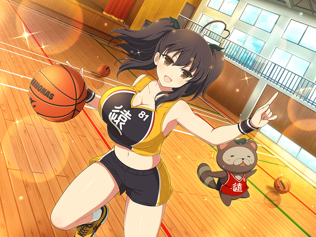 1girl :d ahoge ball basketball basketball_(object) basketball_court basketball_jersey basketball_uniform breasts brown_eyes brown_hair cleavage crop_top day dribbling_(basketball) gym gym_shorts gym_uniform hair_ornament heart heart_ahoge indoors large_breasts leaf leaf_hair_ornament misato_(senran_kagura) navel non-web_source open_mouth pointing pointing_up senran_kagura senran_kagura_new_link senran_kagura_new_wave shoes shorts smile sneakers sportswear sweat tanuki twintails wristband