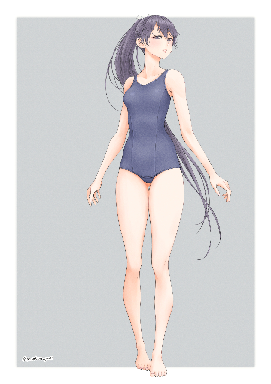 1girl alternate_costume black_hair blue_one-piece_swimsuit breasts full_body grey_eyes hair_ribbon highres houshou_(kancolle) houshou_kai_ni_(kancolle) kantai_collection long_hair medium_breasts one-piece_swimsuit ponytail ribbon school_swimsuit solo standing swimsuit very_long_hair white_ribbon yuichi_(sp_sakura_yoshi)