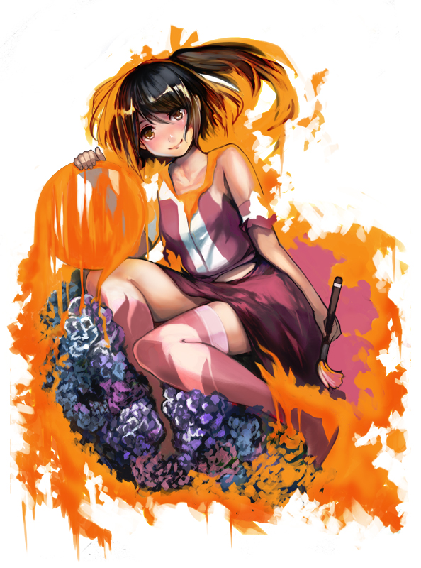 1girl black_hair blush breasts brown_eyes comic-z dress female_focus flower long_hair one_side_up original paintbrush pink_thighhighs purple_dress small_breasts solo thighhighs