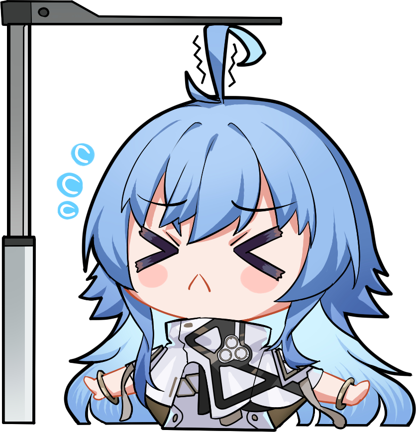 &gt;_&lt; 1girl :&lt; ahoge artist_request blue_hair chibi chibi_only chinese_commentary eniac_(neural_cloud) flying_sweatdrops girls&#039;_frontline girls&#039;_frontline_neural_cloud height_conscious long_hair official_art second-party_source shawl solo twintails white_shawl