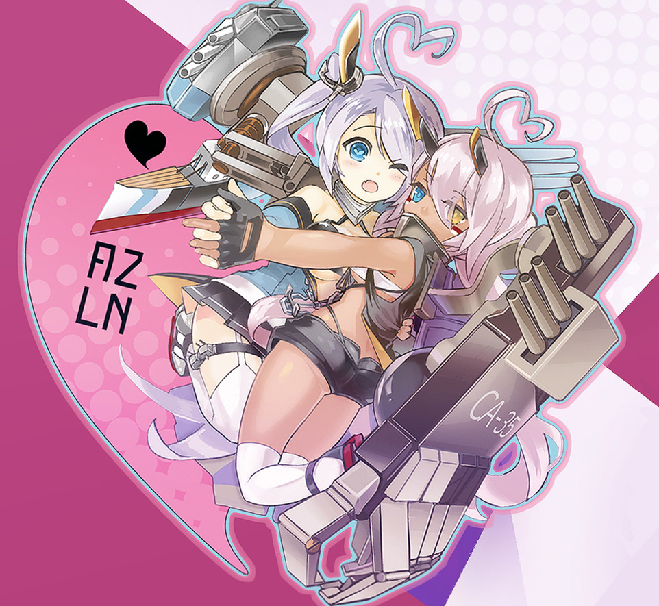 2girls ahoge azur_lane bandeau bikini bikini_top_only black_bikini black_gloves black_sailor_collar black_skirt blue_eyes blue_shirt breasts cleavage comaza commentary_request covered_mouth dark-skinned_female dark_skin facepaint fang full_body gloves hair_between_eyes hair_over_one_eye heart heart-shaped_pupils heart_ahoge heterochromia holding_hands horns indianapolis_(azur_lane) large_breasts long_hair looking_at_viewer mechanical_arms mechanical_horns miniskirt multiple_girls off_shoulder one_eye_closed open_mouth partially_fingerless_gloves pink_hair pleated_skirt portland_(azur_lane) purple_hair sailor_collar shirt siblings side_ponytail sisters skin_fang skirt smile socks swimsuit symbol-shaped_pupils thighhighs turtleneck twintails very_long_hair white_bandeau white_socks white_thighhighs yellow_eyes