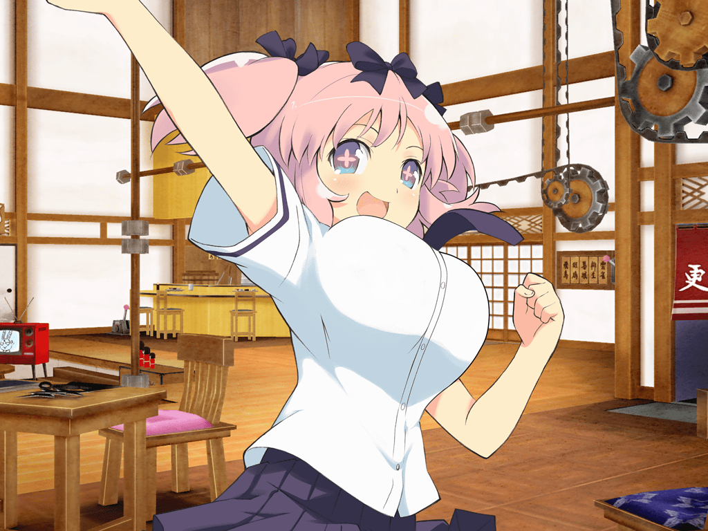 +_+ 1girl :d architecture blue_eyes blue_necktie blue_skirt blush bouncing_breasts bow breasts buttons chain clenched_hand crt east_asian_architecture flower-shaped_pupils gears hair_bow hanzou_academy_school_uniform hibari_(senran_kagura) large_breasts lever looking_at_viewer miniskirt necktie ninto_(senran_kagura) official_art open_mouth pink_hair pink_pupils pleated_skirt school_uniform senran_kagura senran_kagura_new_link senran_kagura_shoujo-tachi_no_shin&#039;ei shirt short_hair short_sleeves short_twintails shouji skirt sliding_doors smile solo symbol-shaped_pupils table twintails white_shirt wooden_chair wooden_floor wooden_table yaegashi_nan