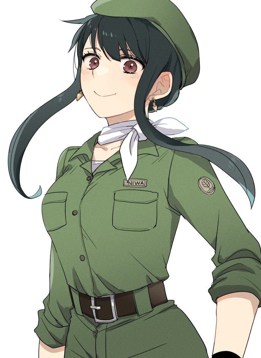 1girl belt black_hair blush breasts ear_piercing earrings green_hat green_shirt green_skirt hair_between_eyes hat highres jewelry long_hair long_sleeves looking_at_viewer medium_breasts mello79 piercing red_eyes scarf shirt skirt smile solo spy_x_family white_background white_scarf yor_briar