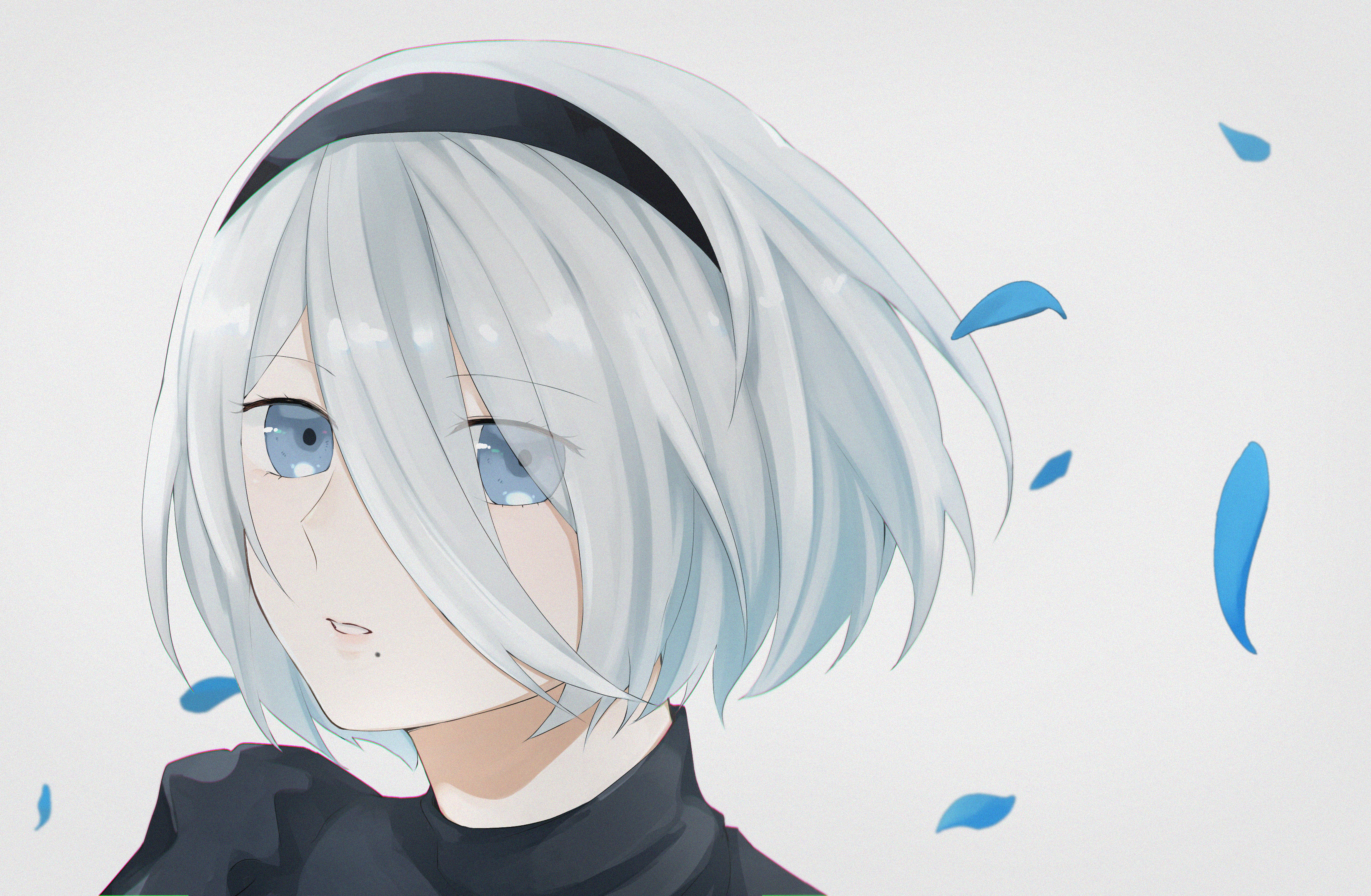 1girl 2b_(nier:automata) absurdres black_hairband blue_eyes blue_petals commentary_request falling_petals hairband highres looking_at_viewer mole mole_under_mouth nana28_tteyatu_(nanakusagayu_28) nier:automata nier_(series) parted_lips petals pink_lips short_hair solo upper_body white_hair