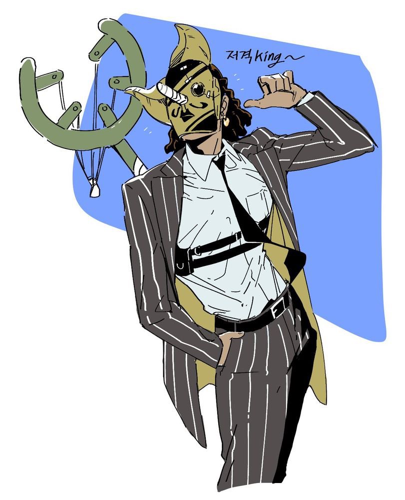 1boy alternate_costume black_hair black_necktie collared_shirt commentary_request cropped_legs earrings hand_in_pocket isam2863 jacket jewelry korean_commentary long_nose long_sleeves male_focus mask medium_hair necktie one_piece open_clothes open_jacket pants pointing pointing_at_self shirt sogeking solo suit_jacket thumbs_up usopp weapon weapon_on_back white_shirt