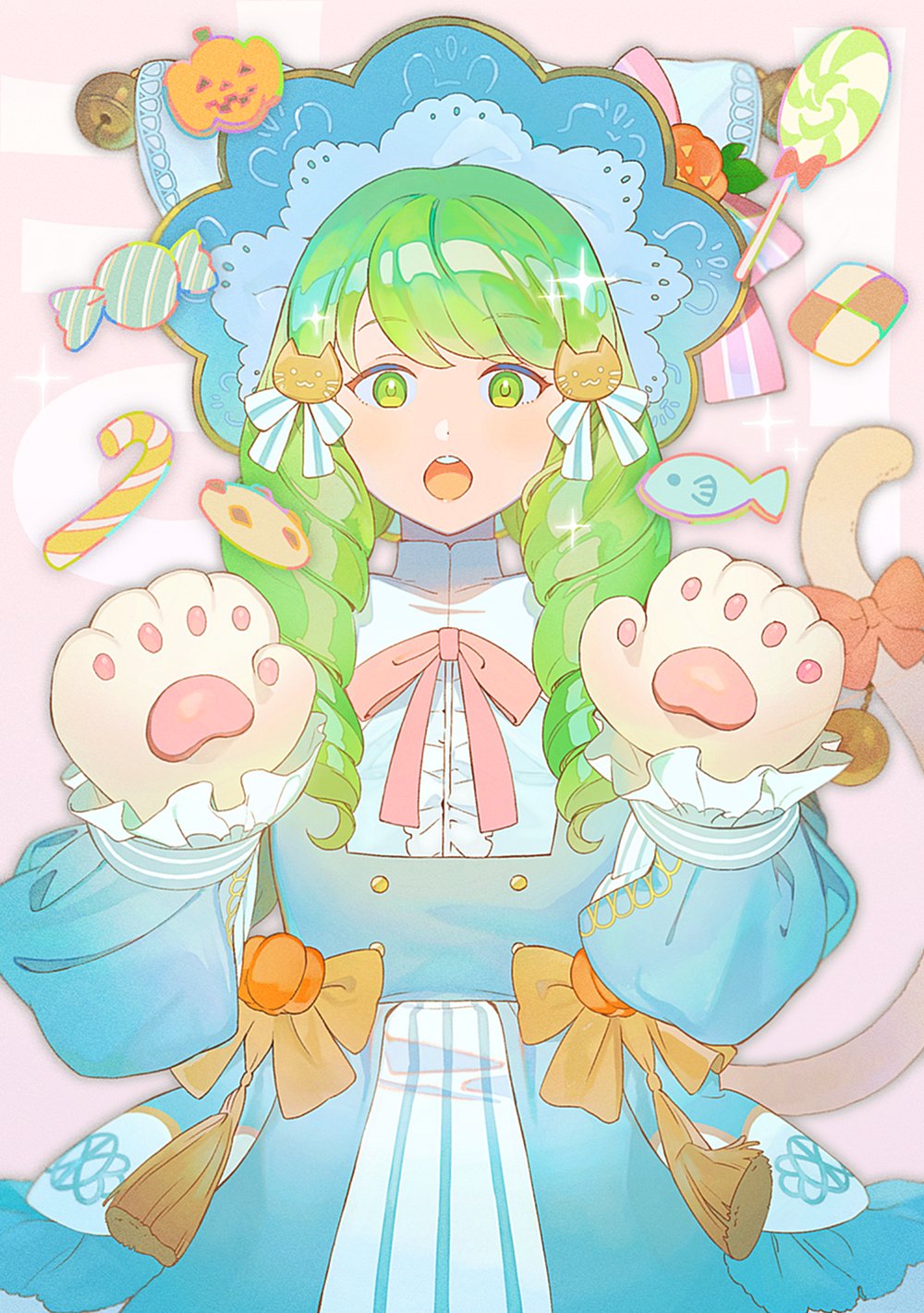 1girl candy candy_cane cat_girl cat_hair_ornament cat_tail cookie dress fake_tail fire_emblem fire_emblem:_three_houses fire_emblem_heroes flayn_(fire_emblem) flayn_(halloween)_(fire_emblem) food green_eyes green_hair hair_ornament hairclip halloween_costume highres jack-o&#039;-lantern kyufe nintendo official_alternate_costume solo swept_bangs tail