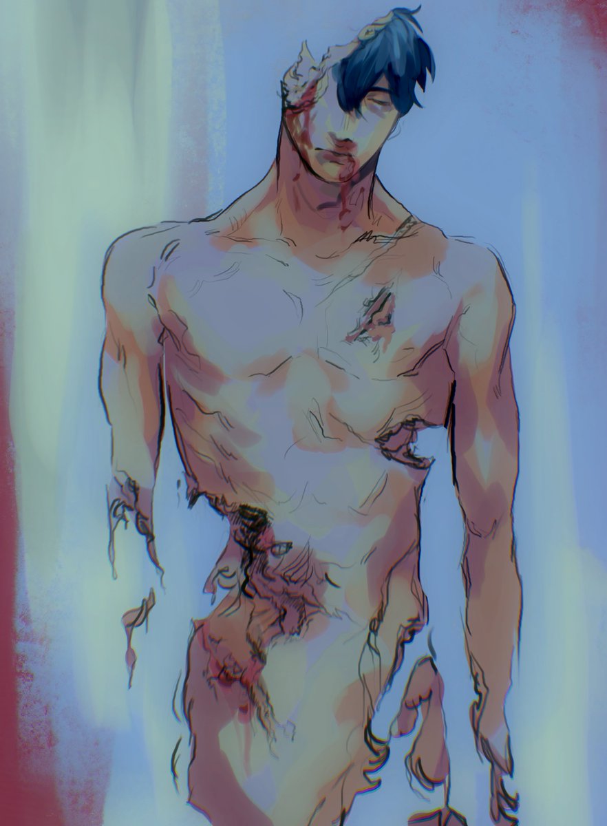 1boy black_hair blood blood_from_forehead blood_from_mouth blood_on_face brain broken_skull closed_eyes completely_nude cowboy_shot dismemberment exposed_bone exposed_brain exposed_muscle hair_between_eyes head_tilt highres hole_in_head intestines kim_dokja limited_palette macaronijail male_focus muted_color no_hands nude omniscient_reader&#039;s_viewpoint one-eyed ribs severed_hands short_hair solo