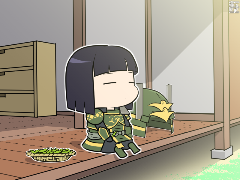 1boy =_= armor black_hair blunt_bangs cabinet chibi chibi_only green_bean helmet japanese_armor kabuto_(helmet) male_focus manojimerser official_style porch sengoku_basara shibata_katsuie_(sengoku_basara) short_hair sitting solo unworn_headwear unworn_helmet