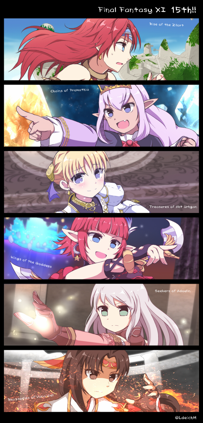 6+girls :d afumau_(final_fantasy) aqua_eyes arciela_v_adoulin black_gloves black_hair blue_eyes blue_headband blue_sky blunt_bangs blush bracelet brown_eyes clenched_hand closed_mouth commentary_request copyright_name dancer_(final_fantasy) dark-skinned_female dark_skin detached_sleeves earrings elf elvaan embers fang final_fantasy final_fantasy_xi fingerless_gloves frown gloves grey_hair hair_between_eyes hair_intakes half-elf half_gloves headband highres hume index_finger_raised iroha_(ff11) jewelry light_purple_hair lilisette lion_(ff11) long_hair long_sleeves multiple_girls ntapopo open_mouth outstretched_arm pink_sleeves pointy_ears prishe purple_eyes red_hair red_headband short_hair sideways_mouth single_earring sky smile split_mouth star_(symbol) tears twitter_username