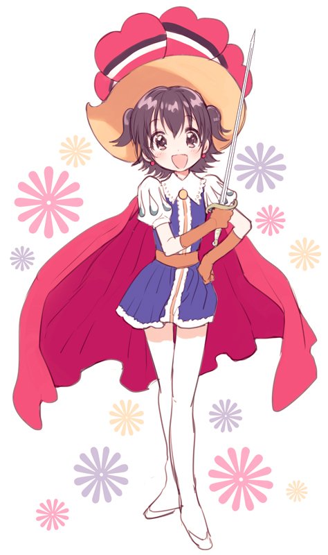 1girl akagi_miria amezawa_koma black_hair blush cape cosplay dress earrings full_body gloves hat holding holding_sword holding_weapon idolmaster idolmaster_cinderella_girls jewelry looking_at_viewer open_mouth pantyhose princess_sapphire princess_sapphire_(cosplay) puff_and_slash_sleeves puffy_sleeves rapier ribbon_no_kishi short_hair sketch smile solo sword two_side_up weapon white_pantyhose