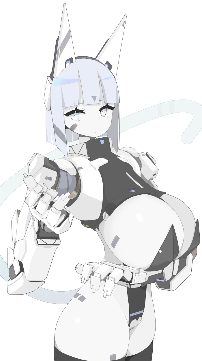 1girl android blunt_bangs bob_cut breasts cowboy_shot expressionless grey_hair headgear highres huge_breasts joints looking_to_the_side mecha_musume mechanical_arms nanatsuki_sousuke original robot_girl robot_joints short_hair solo thighhighs thighs white_eyes