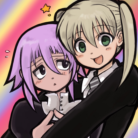 1girl 1other androgynous blonde_hair blush crona_(soul_eater) gradient_background green_eyes hug_from_side index_fingers_together long_sleeves looking_at_another looking_at_viewer maka_albarn momo&amp;a necktie pink_hair portrait short_hair smile soul_eater twintails