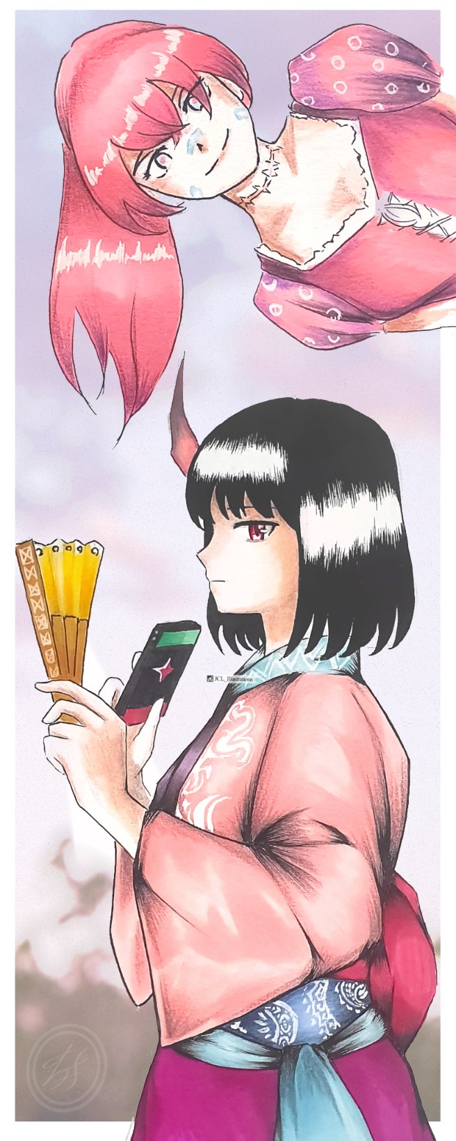 2girls accessories adventurequest_worlds black_hair character_request cosplay fa_(adventurequest_worlds) fa_mulan_(disney) fa_mulan_(disney)_(cosplay) folding_fan hand_fan highres holding holding_fan jf_illustration long_hair looking_at_viewer mulan_(movie) multiple_girls name_connection nintendo nintendo_switch outside_border pink_eyes pink_hair playing_games ponytail rapunzel_(disney) rapunzel_(disney)_(cosplay) red_eyes short_hair tangled white_background