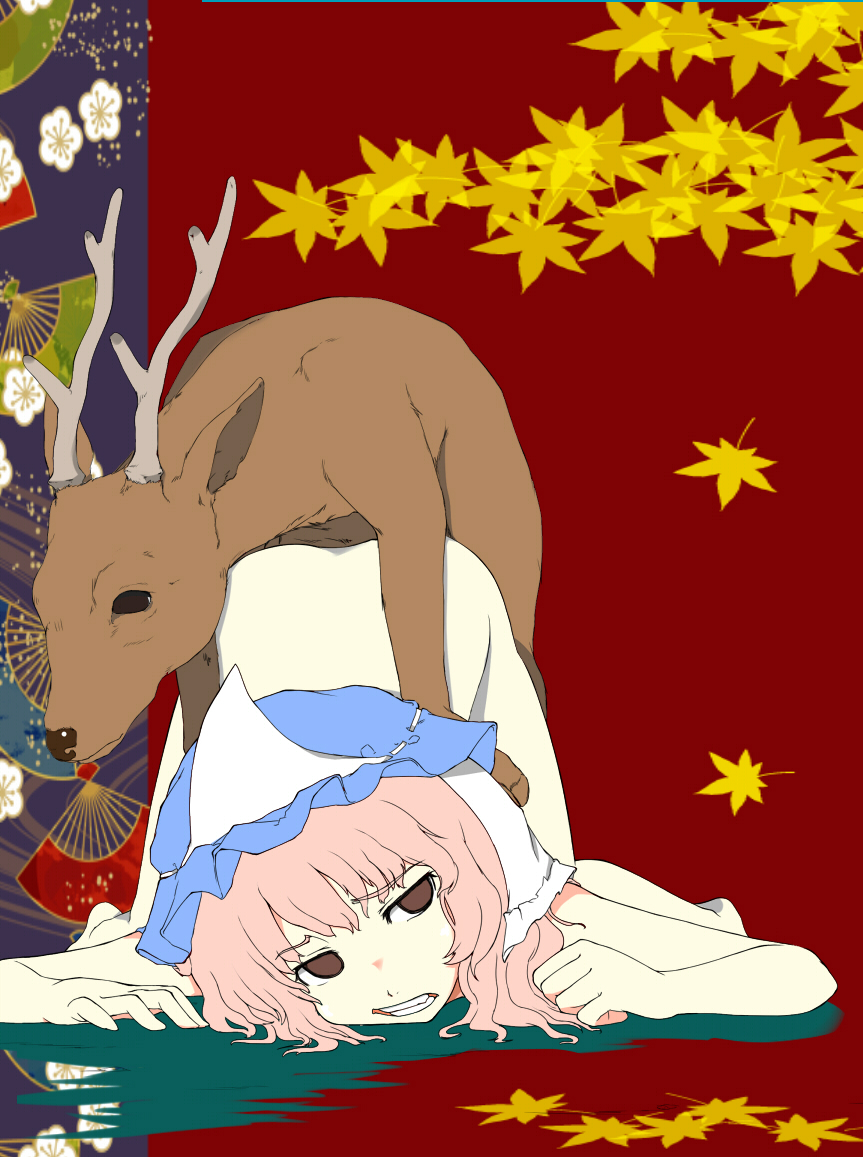 0_0 1girl all_fours ass bestiality brown_eyes clenched_teeth deer doggystyle empty_eyes hat interspecies jitome kirinourion leaf light_purple_hair maple_leaf nude pale_skin saigyouji_yuyuko sex sex_from_behind simple_background teeth top-down_bottom-up touhou