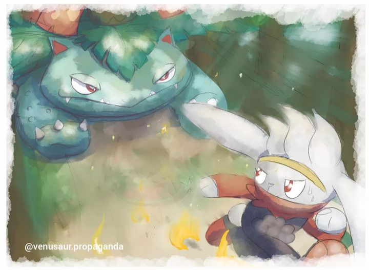 artist_name border bright_pupils claws closed_mouth commentary english_commentary fangs fire gen_1_pokemon gen_8_pokemon light_particles motion_blur nintendo no_humans pokemon pokemon_(creature) raboot red_eyes running venusaur venusaur-propaganda white_border white_pupils