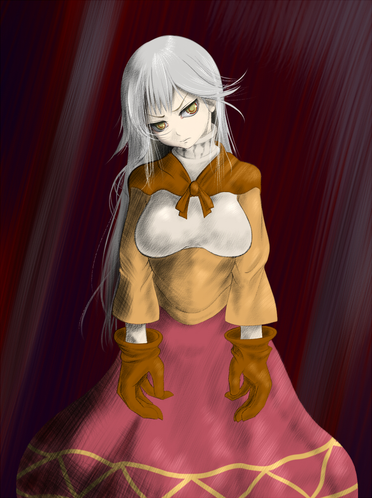 1girl alma_beoulve breasts female_focus final_fantasy final_fantasy_tactics gloves large_breasts long_hair nanashi_(futaba) red_eyes solo spoilers ultima_(fft) white_hair