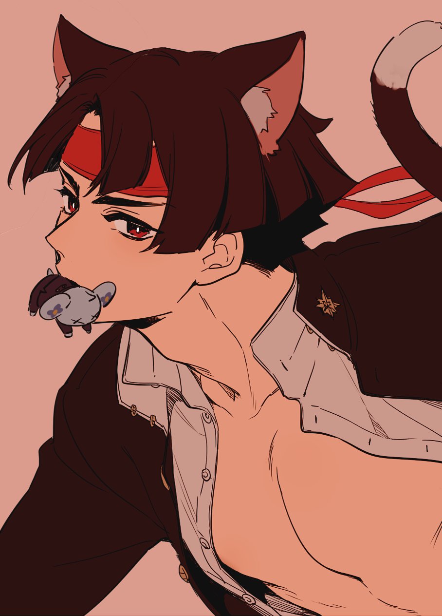 1boy ace_attorney animal_ear_fluff animal_ears bare_pectorals black_hair black_jacket buttons cat_boy cat_ears cat_tail collarbone collared_shirt dead_animal dress_shirt gakuran headband highres jacket kazuma_asogi long_sleeves looking_to_the_side male_focus mizuno_(iori-amu) mouse_(animal) open_clothes open_jacket open_shirt parted_bangs pectorals pink_background red_eyes red_headband school_uniform shirt short_hair sideways_glance solo tail the_great_ace_attorney upper_body white_shirt