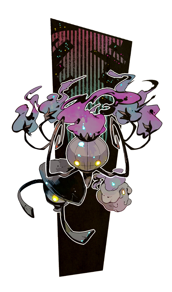 chandelure evolutionary_line fire full_body gen_5_pokemon glowing glowing_eyes lampent litwick nintendo no_humans pokemon pokemon_(creature) purple_fire tetori yellow_eyes