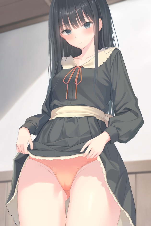 1girl black_dress black_hair blush breasts clothes_lift collared_dress commentary_request dress exhibitionism flashing flowers_(innocent_grey) green_eyes innocent_grey lifting_own_clothes long_hair long_sleeves medium_breasts mizuno-go neck_ribbon orange_panties orange_ribbon panties pleated_dress public_indecency pulling_own_clothes ribbon school_uniform shirahane_suou skirt skirt_lift solo translation_request underwear
