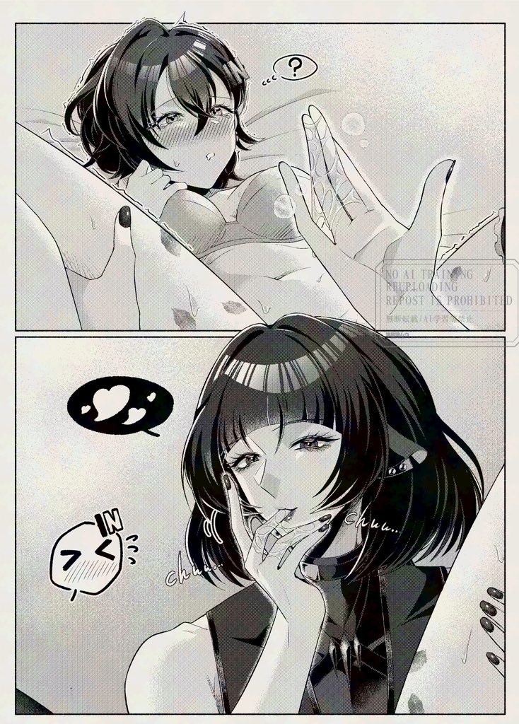 2girls after_fingering animal_ear_piercing animal_ears belle_(zenless_zone_zero) blush bra breasts commentary english_commentary finger_in_own_mouth greyscale hand_on_another&#039;s_thigh heart jane_doe_(zenless_zone_zero) lipstick_mark lipstick_mark_on_leg medium_breasts monochrome mouse_ears multiple_girls muutsurose navel parted_lips pussy_juice pussy_juice_on_fingers short_hair spoken_expression spoken_heart spread_legs sweat trembling underwear watermark yuri zenless_zone_zero