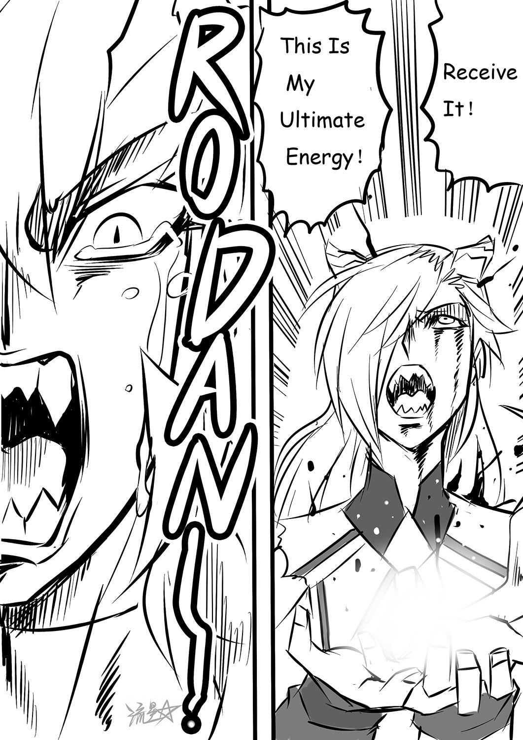 blood blood_on_face comic english_text gloves godzilla:_king_of_the_monsters godzilla_(series) greyscale hair_over_one_eye highres horns humanization injury jojo_no_kimyou_na_bouken kaiju legendary_pictures long_hair monochrome monsterverse multiple_girls neckerchief parody personification rodan rodan_(monsterverse) ryuusei_(mark_ii) screaming tears toho