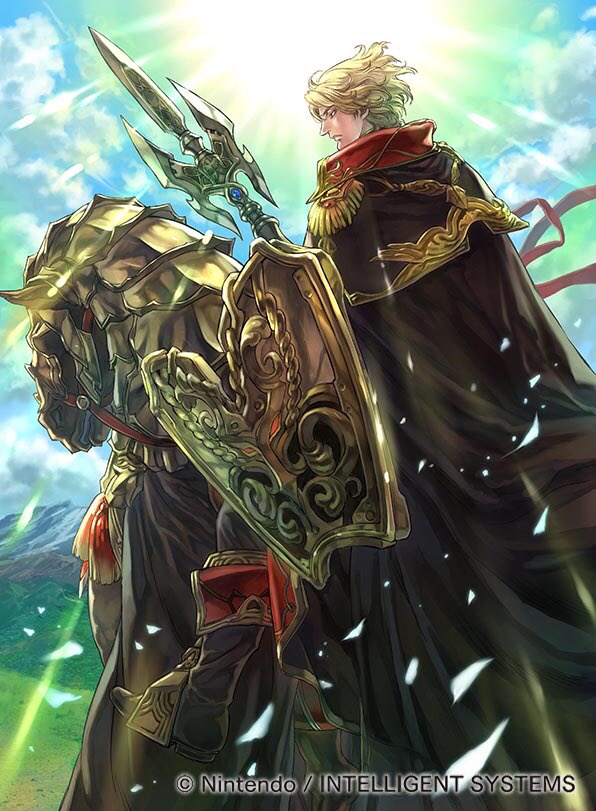 1boy back blonde_hair camus_(fire_emblem) cape cloud company_name epaulettes fire_emblem fire_emblem_cipher fire_emblem_echoes:_shadows_of_valentia grass horse horseback_riding male_focus mountain nintendo official_art petals polearm riding shield sky solo spear sun suzuki_rika weapon yellow_eyes
