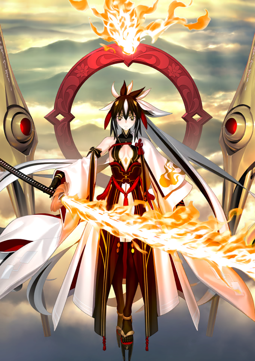 1girl armor black_gloves black_pantyhose breasts breasts_apart bright_pupils cape chinese_knot cleavage_cutout closed_mouth clothing_cutout detached_sleeves expressionless facial_mark fate/grand_order fate_(series) fire flaming_sword flaming_weapon floating_hair forehead_mark game_cg gloves hair_between_eyes halterneck high_collar holding holding_sword holding_weapon japanese_armor japanese_clothes katana long_hair long_sleeves looking_at_viewer medium_breasts multicolored_hair nagao_kagetora_(fate) official_art outstretched_arm pantyhose platform_shoes ponytail side_cape sidelocks single_bare_shoulder single_detached_sleeve solo straight-on streaked_hair sword takeuchi_takashi third-party_source toe_socks two-tone_hair uesugi_kenshin_(fate) uesugi_kenshin_(third_ascension)_(fate) variant_set very_long_hair weapon white_cape white_pupils white_sleeves yellow_eyes