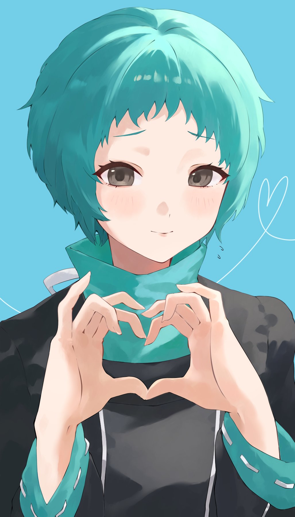 1girl aqua_hair aqua_sweater black_jacket blue_background blush closed_mouth commentary flying_sweatdrops gekkoukan_high_school_uniform grey_eyes heart heart_hands highres jacket konchi_(63438789) looking_at_viewer persona persona_3 school_uniform short_hair smile solo sweater symbol-only_commentary turtleneck turtleneck_sweater upper_body yamagishi_fuuka