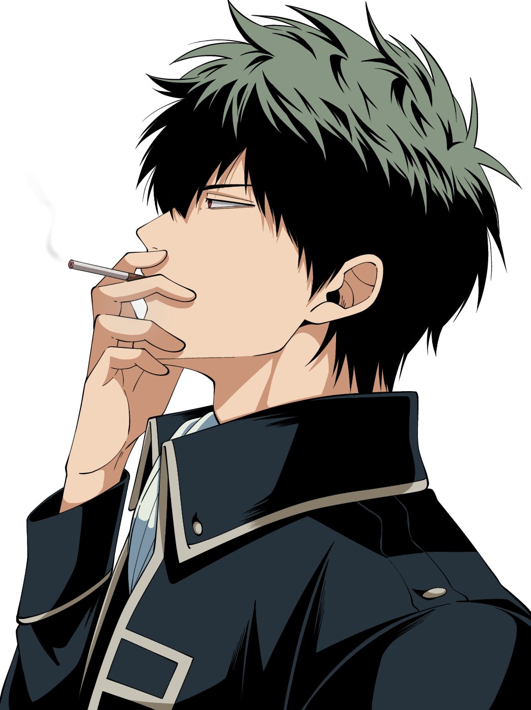 1boy cigarette gintama green_hair highres hijikata_toushirou holding holding_cigarette male_focus profile short_hair simple_background smoking solo upper_body white_background yubi_nui21