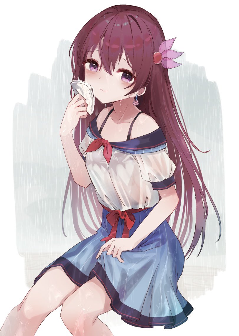 1girl bare_shoulders blue_skirt blush breasts brown_hair earrings hair_ornament jewelry kantai_collection kisaragi_(kancolle) kisaragi_(zuiun_paradise)_(kancolle) long_hair official_alternate_costume purple_eyes shirt sitting skirt small_breasts smile solo wet wet_clothes white_background white_shirt yamashichi_(mtseven)