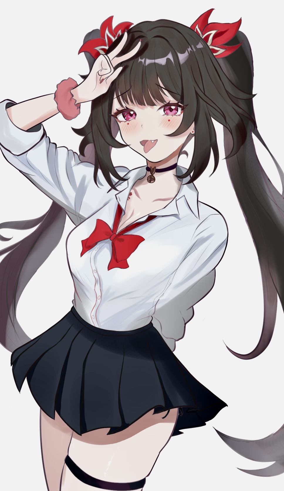 1girl alternate_costume bell black_skirt blush bow bowtie breasts brown_hair cleavage commentary cowboy_shot fang fireworks flower_tattoo gyaru hair_ribbon highres honkai:_star_rail honkai_(series) large_breasts long_hair looking_at_viewer miniskirt neck_bell nuuuukoame pleated_skirt purple_eyes red_bow red_bowtie red_ribbon ribbon scrunchie shirt simple_background skirt solo sparkle_(honkai:_star_rail) tattoo thigh_strap thighs tongue tongue_out twintails v white_background white_shirt wrist_scrunchie