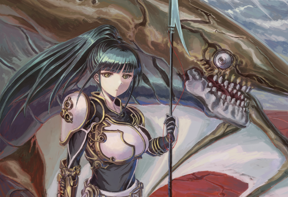 1girl armor black_gloves blunt_bangs breastplate closed_mouth dark_green_hair dragon floating_hair gloves green_eyes holding holding_polearm holding_weapon long_hair looking_at_viewer original polearm ponytail spear vaison weapon white_armor