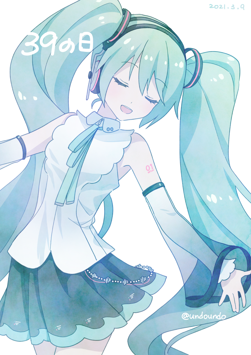 1girl 39 aqua_eyes aqua_hair aqua_ribbon bare_shoulders black_skirt blouse closed_eyes commentary cowboy_shot dated detached_sleeves hair_ornament hatsune_miku hatsune_miku_(nt) headphones highres kirita_asami layered_sleeves long_hair miniskirt neck_ribbon open_mouth piapro_studio pleated_skirt ribbon see-through_clothes see-through_sleeves shirt shoulder_tattoo skirt sleeveless sleeveless_shirt smile solo standing tattoo twintails twitter_username very_long_hair vocaloid white_background white_shirt white_sleeves