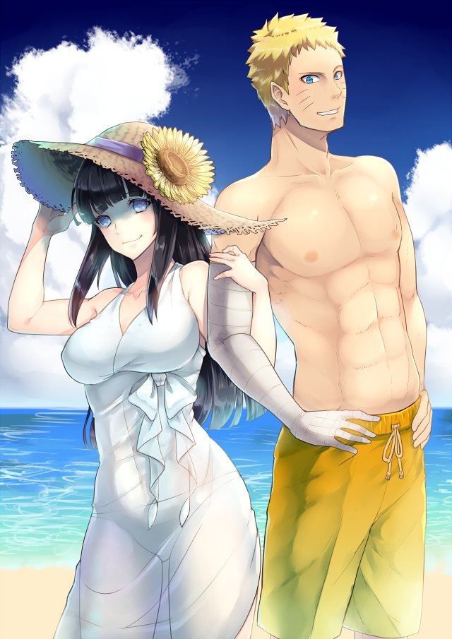 1boy 1girl abs adjusting_clothes adjusting_headwear bandaged_arm bandages black_hair blonde_hair blue_eyes blue_sky boruto:_naruto_next_generations breasts cloud commentary_request dress enda_chisya facial_mark flower grabbing_another&#039;s_arm hands_on_own_hips hat hat_flower husband_and_wife hyuuga_hinata male_swimwear mature_female medium_breasts naruto_(series) ocean see-through_clothes see-through_dress sky sun_hat sunflower swim_trunks toned toned_male uzumaki_naruto whisker_markings white_dress yellow_male_swimwear
