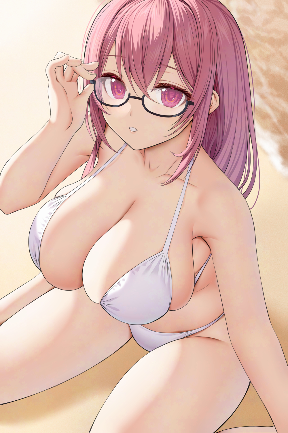 1girl asamura_hiori bare_shoulders bikini blush breasts cleavage collarbone glasses highres large_breasts long_hair looking_at_viewer pink_hair purple_eyes shore sidelocks solo swimsuit thighs tsukishiro_yanagi white_bikini zenless_zone_zero