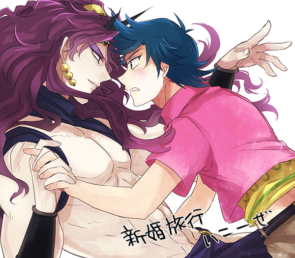 2boys bad_id bad_pixiv_id blue_hair earrings george_joestar_ii jewelry jojo_no_kimyou_na_bouken kars_(jojo) male_focus multiple_boys purple_hair sewenan