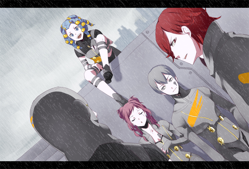 1girl 4boys argilla blue_eyes blue_hair breasts cielo_(dds) cleavage digital_devil_saga gale_(dds) grey_eyes grey_hair heat_(dds) multiple_boys multiple_girls pink_eyes pink_hair rain red_eyes red_hair serph smile
