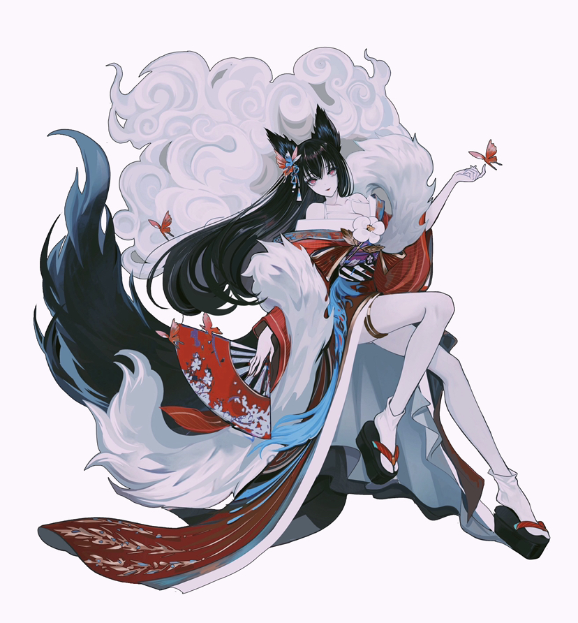 1girl ahri_(league_of_legends) animal_ears bare_shoulders black_hair breasts bug butterfly cleavage fox_ears fox_girl fox_tail hand_fan hand_up holding holding_fan insect japanese_clothes kimono knee_up league_of_legends long_hair off_shoulder paper_fan platform_clogs red_butterfly red_kimono shan_gui_yu_yao simple_background solo tail white_background