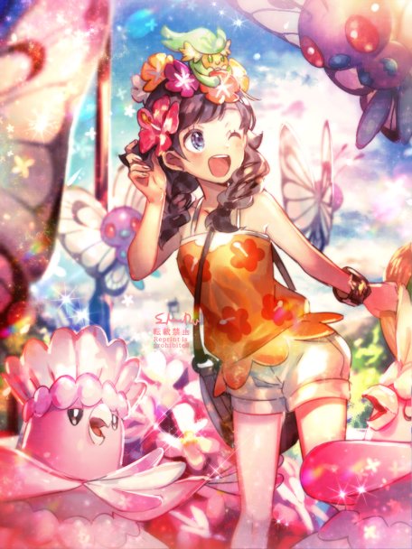 1girl bag black_hair braid butterfree flower gen_1_pokemon gen_7_pokemon handbag hat hat_flower long_hair naru_(andante) nintendo on_head one_eye_closed open_mouth orange_shirt pokemon pokemon_(creature) pokemon_on_head pokemon_usum selene_(pokemon) shirt shorts tank_top twin_braids white_shorts