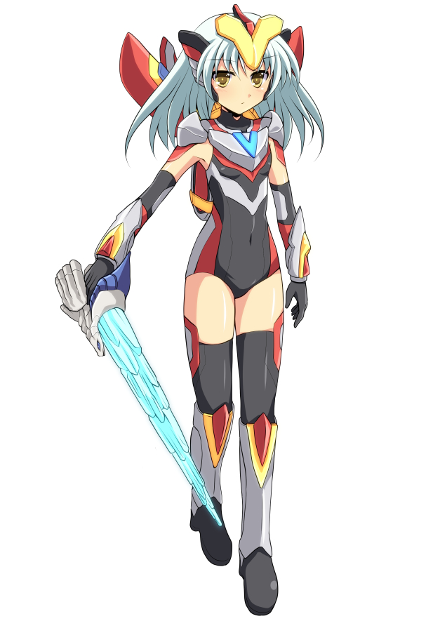 1girl :/ armor armpits black_boots black_gloves black_thighhighs blush bodysuit boots breastplate breasts covered_navel cross_(crossryou) elbow_gloves expressionless female_focus full_body genderswap genderswap_(mtf) gloves greaves headgear holding holding_weapon leotard long_hair looking_at_viewer magical_girl narrow_waist pauldrons personification shepardon_saber shoulder_armor silver_hair simple_background small_breasts solo standing sword thigh_boots thighhighs turtleneck ultra_series ultraman_ginga_(series) ultraman_ginga_s ultraman_victory vambraces victory_lancer weapon white_background yellow_eyes