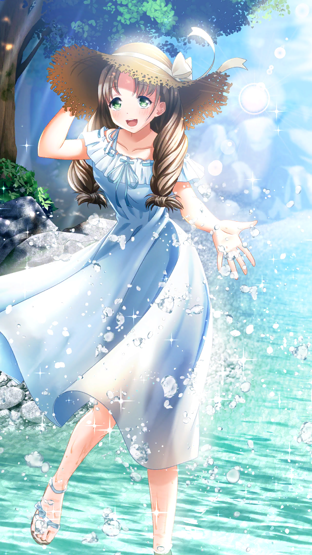 1girl :d blue_ribbon blush bow brown_hair brown_hat collarbone day doukyuusei_(series) doukyuusei_2 doukyuusei_another_world dress game_cg green_eyes hat hat_bow hat_ribbon long_dress long_hair looking_at_viewer official_art open_mouth outdoors ribbon river see-through_silhouette sleeveless sleeveless_dress smile solo splashing standing straw_hat sugimoto_sakurako sun_hat sundress white_bow white_dress white_ribbon