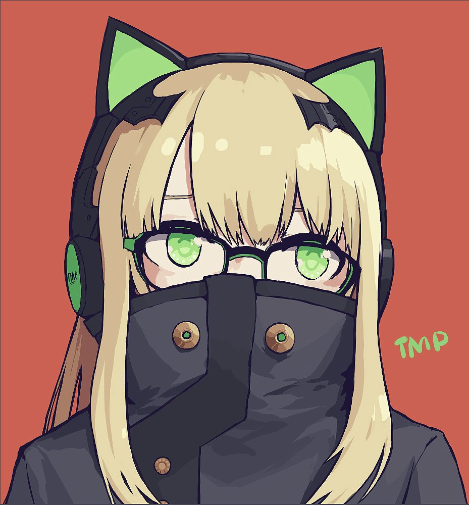 1girl animal_ear_headphones animal_ears bespectacled black-framed_eyewear blonde_hair cat_ear_headphones character_name covered_face fake_animal_ears girls&#039;_frontline glasses green-framed_eyewear green_eyes grey_jacket headphones high_collar jacket papaia_(quentingqoo) portrait red_background simple_background solo straight-on tmp_(girls&#039;_frontline) two-tone_eyewear upper_body
