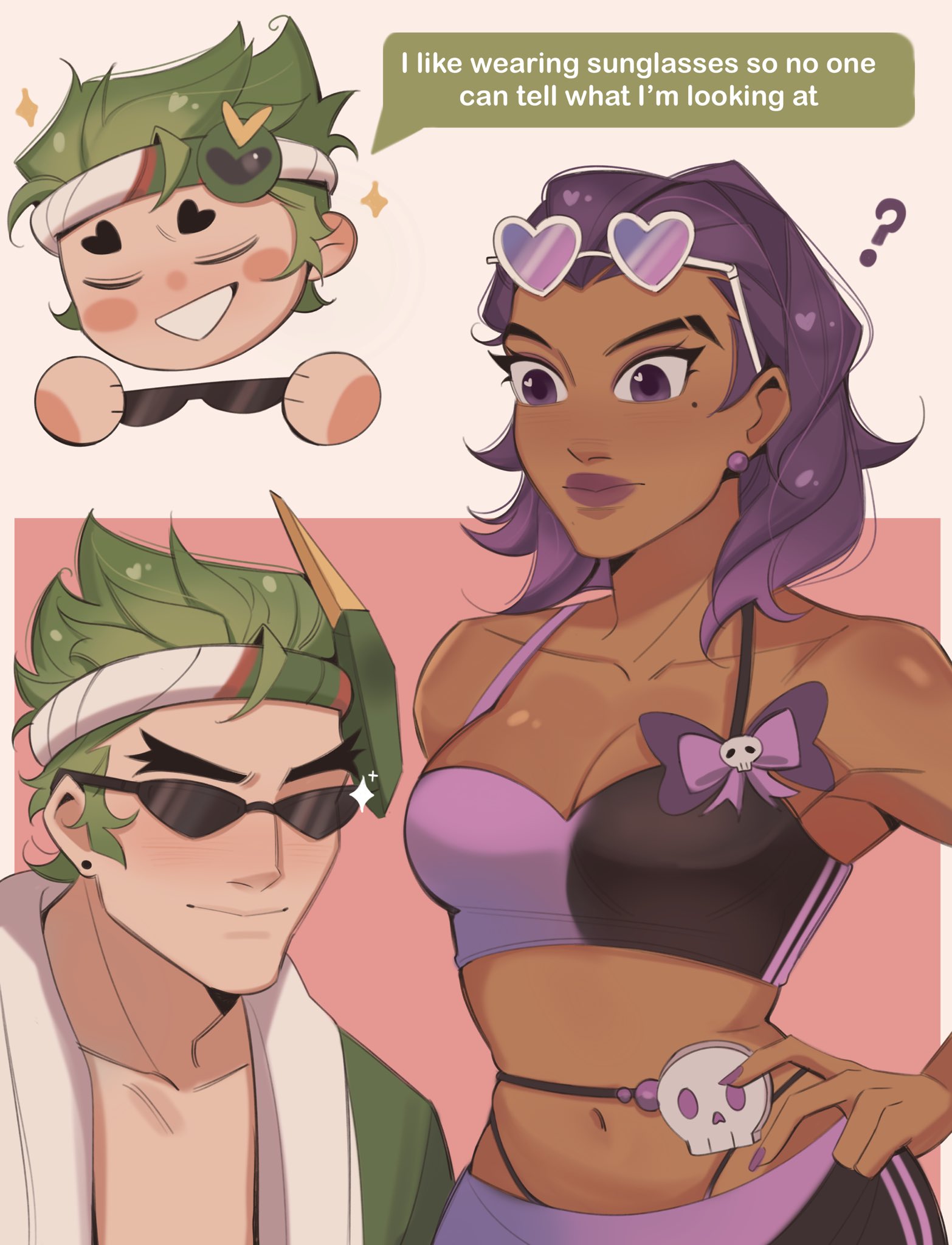 1boy 1girl blush breasts camisole cleavage closed_mouth couple dark-skinned_female dark_skin earrings english_text genji_(overwatch) green_hair hairband hand_on_own_hip hetero highres jewelry kaiwankon looking_at_breasts medium_breasts mole mole_under_eye navel overwatch panty_straps purple_eyes purple_hair purple_lips purple_nails short_hair smile sombra_(overwatch) sparrow_genji speech_bubble sunglasses talking v-shaped_eyebrows