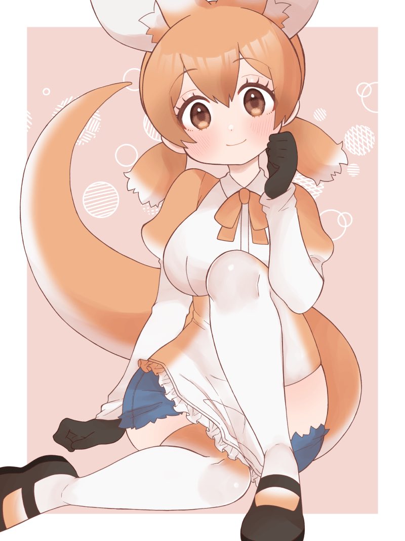 1girl animal_ears apron black_shoes blush bow bowtie brown_eyes brown_hair commentary extra_ears full_body gloves hair_between_eyes kangaroo_ears kangaroo_girl kangaroo_tail kemono_friends kemono_friends_3 long_hair long_sleeves majikaru_pokonyan multicolored_hair red_kangaroo_(kemono_friends) shirt shoes short_hair shorts simple_background smile solo tail thighhighs twintails white_hair