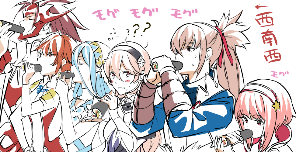 2boys 4girls azura_(fire_emblem) blue_hair corrin_(female)_(fire_emblem) corrin_(fire_emblem) eating fire_emblem fire_emblem_fates food grey_hair hinoka_(fire_emblem) holding holding_food makizushi multiple_boys multiple_girls nintendo pink_hair ponytail red_hair ryoma_(fire_emblem) sakura_(fire_emblem) sushi takumi_(fire_emblem) taromarun translation_request