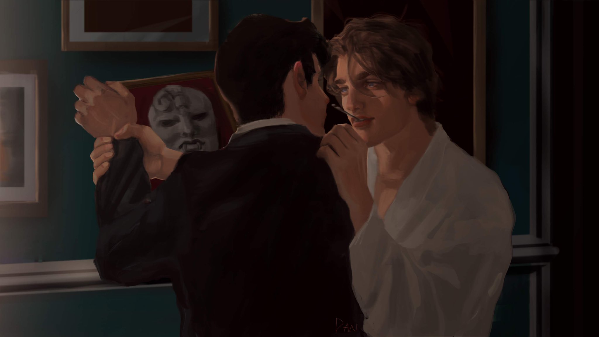 2boys black_jacket blonde_hair blue_eyes brown_hair commentary_request danart14020 dio_brando drawing_(object) highres holding_another's_wrist indoors jacket jojo_no_kimyou_na_bouken jonathan_joestar lips long_sleeves looking_at_another male_focus mouth_hold multiple_boys phantom_blood realistic shirt short_hair smile stone_mask_(jojo) yaoi