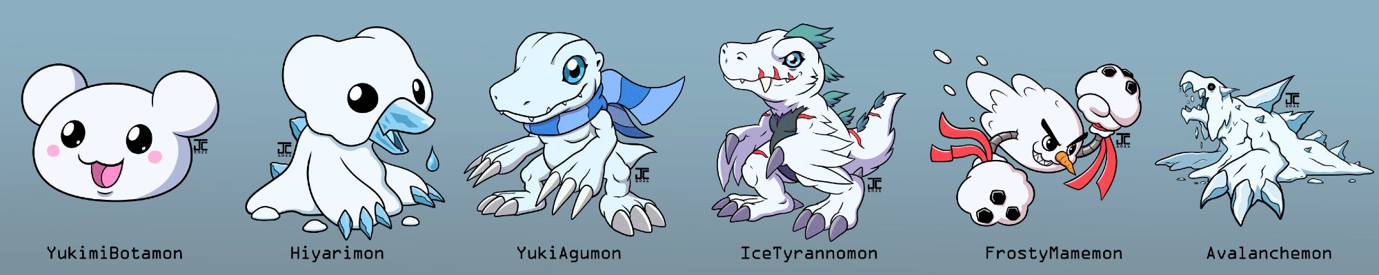 black_eyes blue_eyes claws digimon digimon_(creature) evolutionary_line highres hiyarimon ice oridigi original snow yukiagumon yukimibotamon