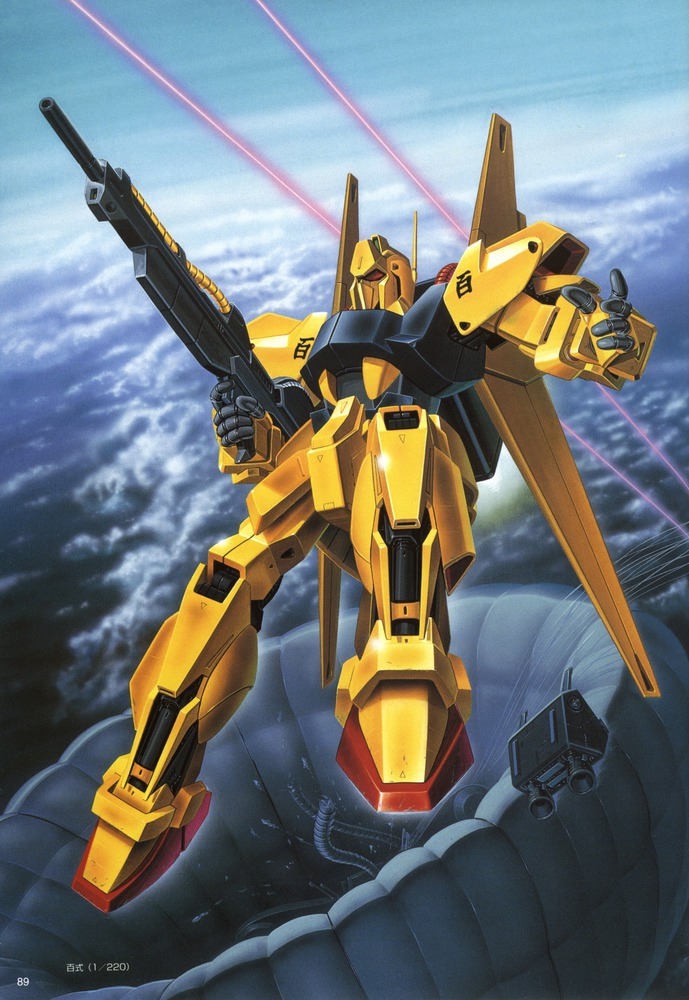 1980s_(style) battle beam_rifle cable cloud damaged energy_beam energy_gun flying freefall gundam hasegawa_masayuki hyaku_shiki jetpack machinery mecha no_humans official_art oldschool parachute promotional_art radio_antenna realistic red_eyes retro_artstyle robot scan science_fiction thrusters traditional_media weapon zeta_gundam