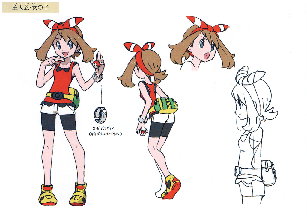 1girl bag bike_shorts bike_shorts_under_shorts bow_hairband breasts brown_hair closed_mouth concept_art facing_viewer fanny_pack from_side hairband holding holding_poke_ball long_bangs looking_at_viewer may_(pokemon) mega_ring multiple_views nintendo official_art open_mouth poke_ball poke_ball_(basic) pokemon pokemon_oras red_hairband red_shirt shirt short_shorts shorts shorts_under_shorts simple_background small_breasts smile solo white_background white_shorts